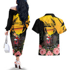 Personalised Australia Melbourne Cup Day Couples Matching Off The Shoulder Long Sleeve Dress and Hawaiian Shirt Horse Racing Trophy With Roses LT14