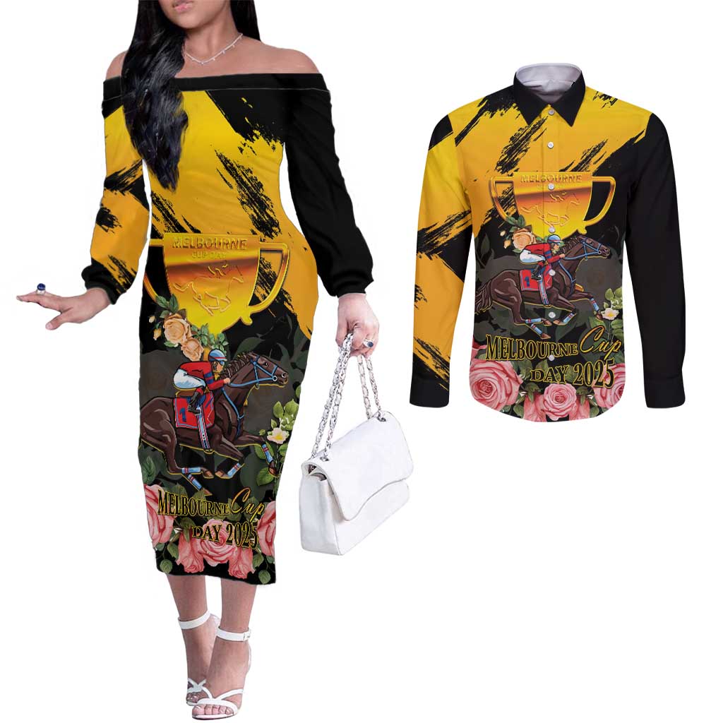 Personalised Australia Melbourne Cup Day Couples Matching Off The Shoulder Long Sleeve Dress and Long Sleeve Button Shirt Horse Racing Trophy With Roses LT14
