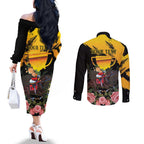 Personalised Australia Melbourne Cup Day Couples Matching Off The Shoulder Long Sleeve Dress and Long Sleeve Button Shirt Horse Racing Trophy With Roses LT14