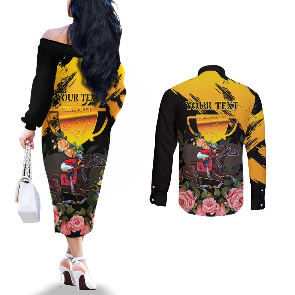 Personalised Australia Melbourne Cup Day Couples Matching Off The Shoulder Long Sleeve Dress and Long Sleeve Button Shirt Horse Racing Trophy With Roses LT14
