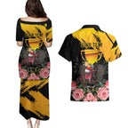 Personalised Australia Melbourne Cup Day Couples Matching Puletasi Dress and Hawaiian Shirt Horse Racing Trophy With Roses LT14