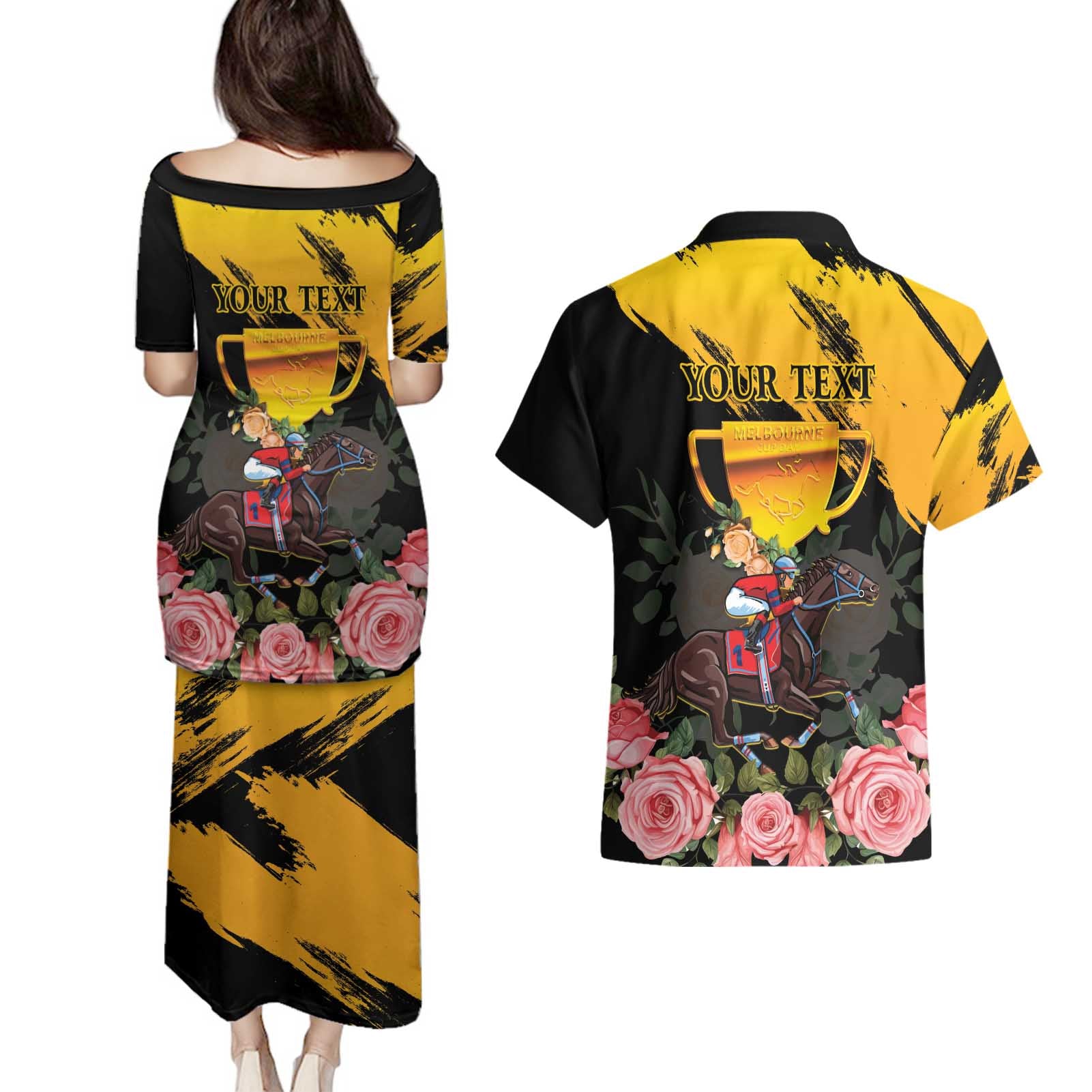 Personalised Australia Melbourne Cup Day Couples Matching Puletasi Dress and Hawaiian Shirt Horse Racing Trophy With Roses LT14