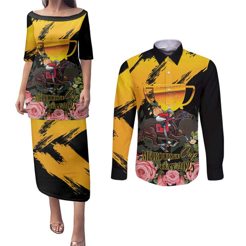 Personalised Australia Melbourne Cup Day Couples Matching Puletasi Dress and Long Sleeve Button Shirt Horse Racing Trophy With Roses LT14