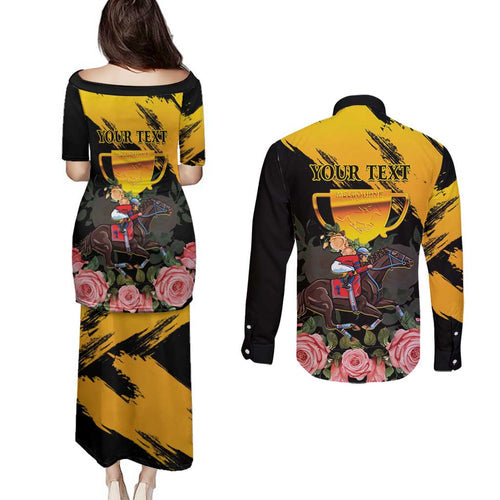 Personalised Australia Melbourne Cup Day Couples Matching Puletasi Dress and Long Sleeve Button Shirt Horse Racing Trophy With Roses LT14