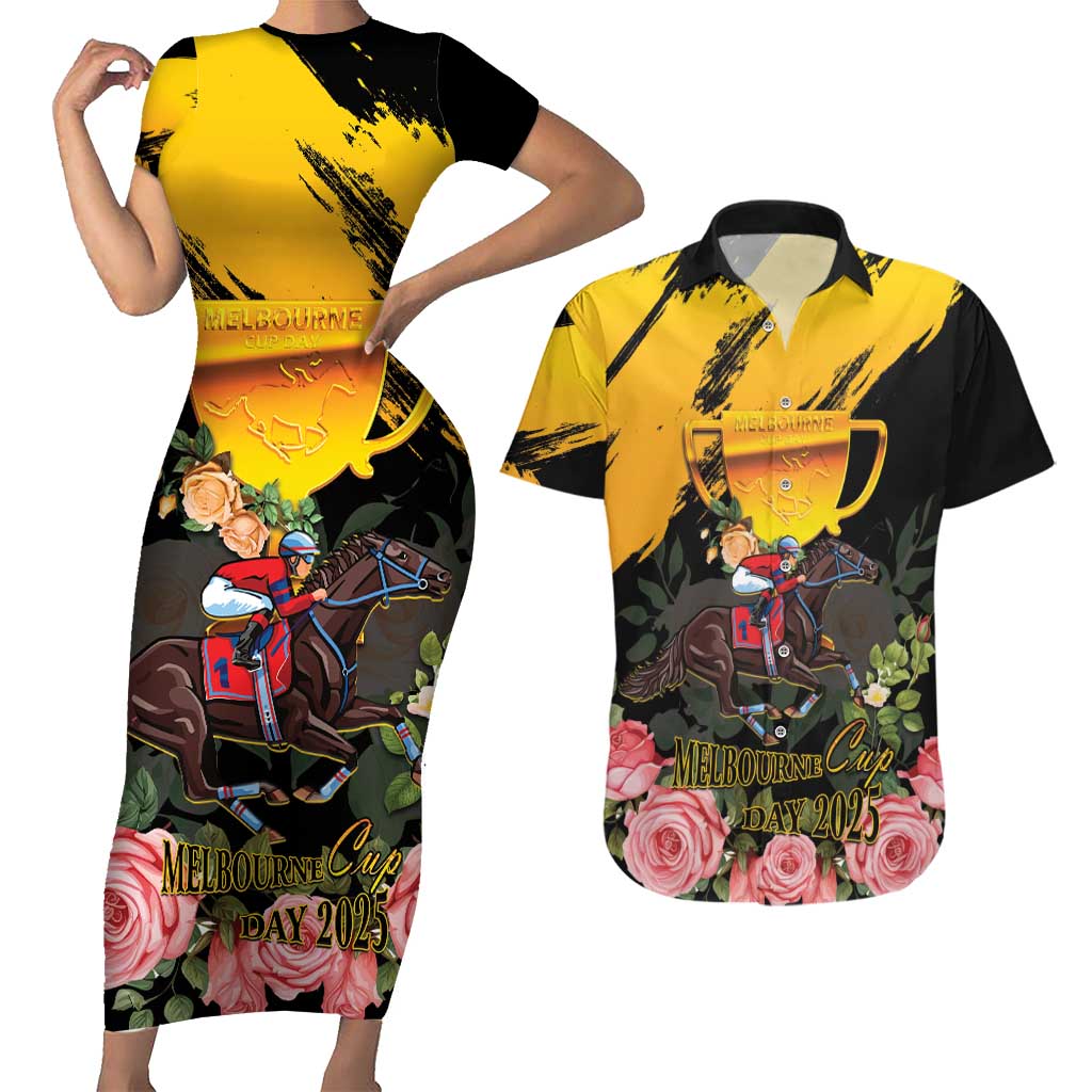 Personalised Australia Melbourne Cup Day Couples Matching Short Sleeve Bodycon Dress and Hawaiian Shirt Horse Racing Trophy With Roses LT14