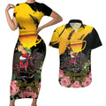 Personalised Australia Melbourne Cup Day Couples Matching Short Sleeve Bodycon Dress and Hawaiian Shirt Horse Racing Trophy With Roses LT14
