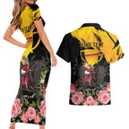 Personalised Australia Melbourne Cup Day Couples Matching Short Sleeve Bodycon Dress and Hawaiian Shirt Horse Racing Trophy With Roses LT14