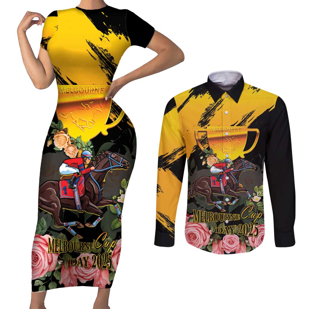 Personalised Australia Melbourne Cup Day Couples Matching Short Sleeve Bodycon Dress and Long Sleeve Button Shirt Horse Racing Trophy With Roses LT14