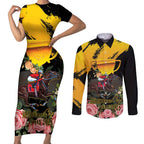Personalised Australia Melbourne Cup Day Couples Matching Short Sleeve Bodycon Dress and Long Sleeve Button Shirt Horse Racing Trophy With Roses LT14