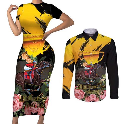 Personalised Australia Melbourne Cup Day Couples Matching Short Sleeve Bodycon Dress and Long Sleeve Button Shirt Horse Racing Trophy With Roses LT14