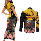 Personalised Australia Melbourne Cup Day Couples Matching Short Sleeve Bodycon Dress and Long Sleeve Button Shirt Horse Racing Trophy With Roses LT14