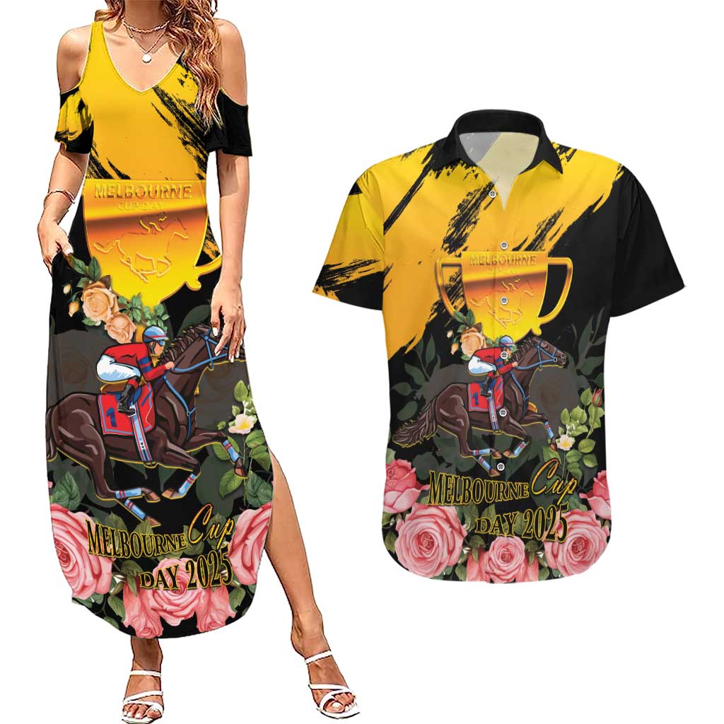 Personalised Australia Melbourne Cup Day Couples Matching Summer Maxi Dress and Hawaiian Shirt Horse Racing Trophy With Roses LT14