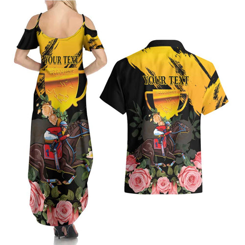 Personalised Australia Melbourne Cup Day Couples Matching Summer Maxi Dress and Hawaiian Shirt Horse Racing Trophy With Roses LT14