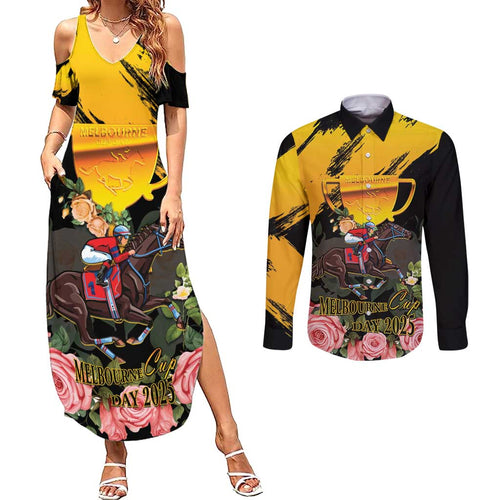 Personalised Australia Melbourne Cup Day Couples Matching Summer Maxi Dress and Long Sleeve Button Shirt Horse Racing Trophy With Roses LT14