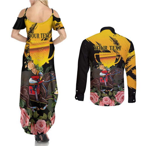 Personalised Australia Melbourne Cup Day Couples Matching Summer Maxi Dress and Long Sleeve Button Shirt Horse Racing Trophy With Roses LT14