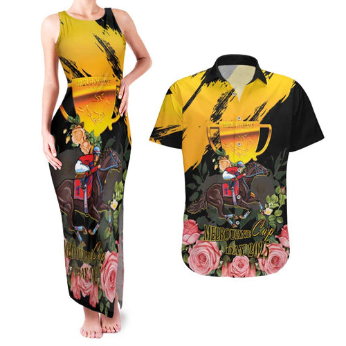 Personalised Australia Melbourne Cup Day Couples Matching Tank Maxi Dress and Hawaiian Shirt Horse Racing Trophy With Roses LT14