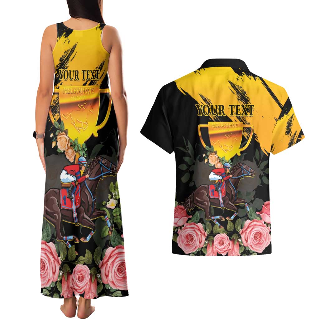 Personalised Australia Melbourne Cup Day Couples Matching Tank Maxi Dress and Hawaiian Shirt Horse Racing Trophy With Roses LT14