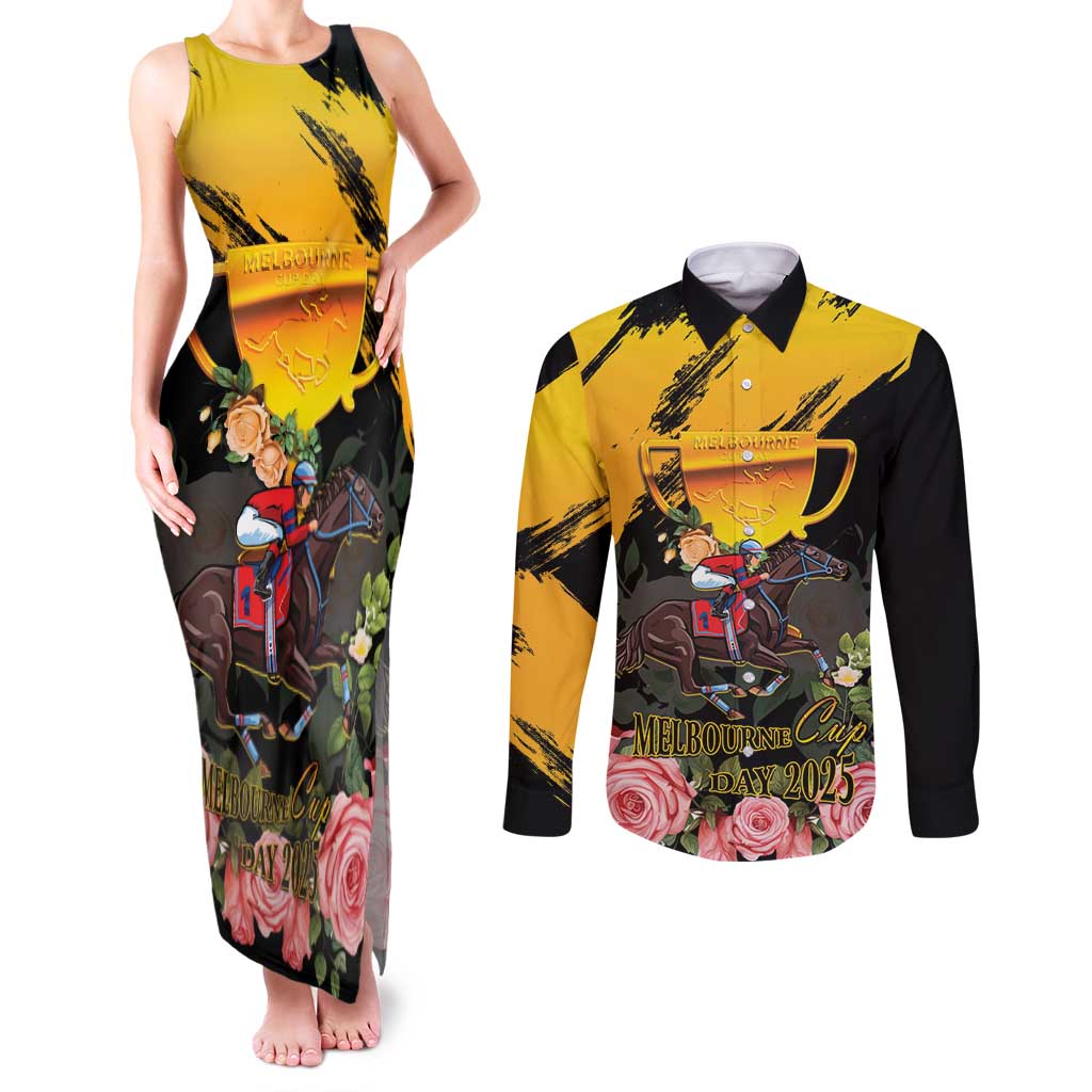 Personalised Australia Melbourne Cup Day Couples Matching Tank Maxi Dress and Long Sleeve Button Shirt Horse Racing Trophy With Roses LT14