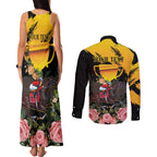 Personalised Australia Melbourne Cup Day Couples Matching Tank Maxi Dress and Long Sleeve Button Shirt Horse Racing Trophy With Roses LT14