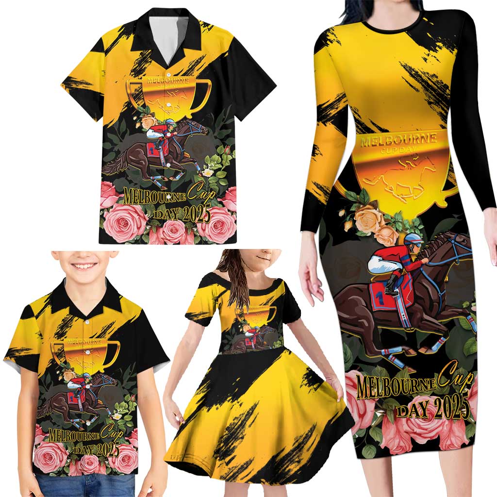 Personalised Australia Melbourne Cup Day Family Matching Long Sleeve Bodycon Dress and Hawaiian Shirt Horse Racing Trophy With Roses LT14