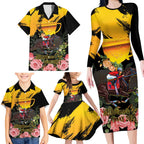 Personalised Australia Melbourne Cup Day Family Matching Long Sleeve Bodycon Dress and Hawaiian Shirt Horse Racing Trophy With Roses LT14