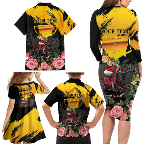 Personalised Australia Melbourne Cup Day Family Matching Long Sleeve Bodycon Dress and Hawaiian Shirt Horse Racing Trophy With Roses LT14