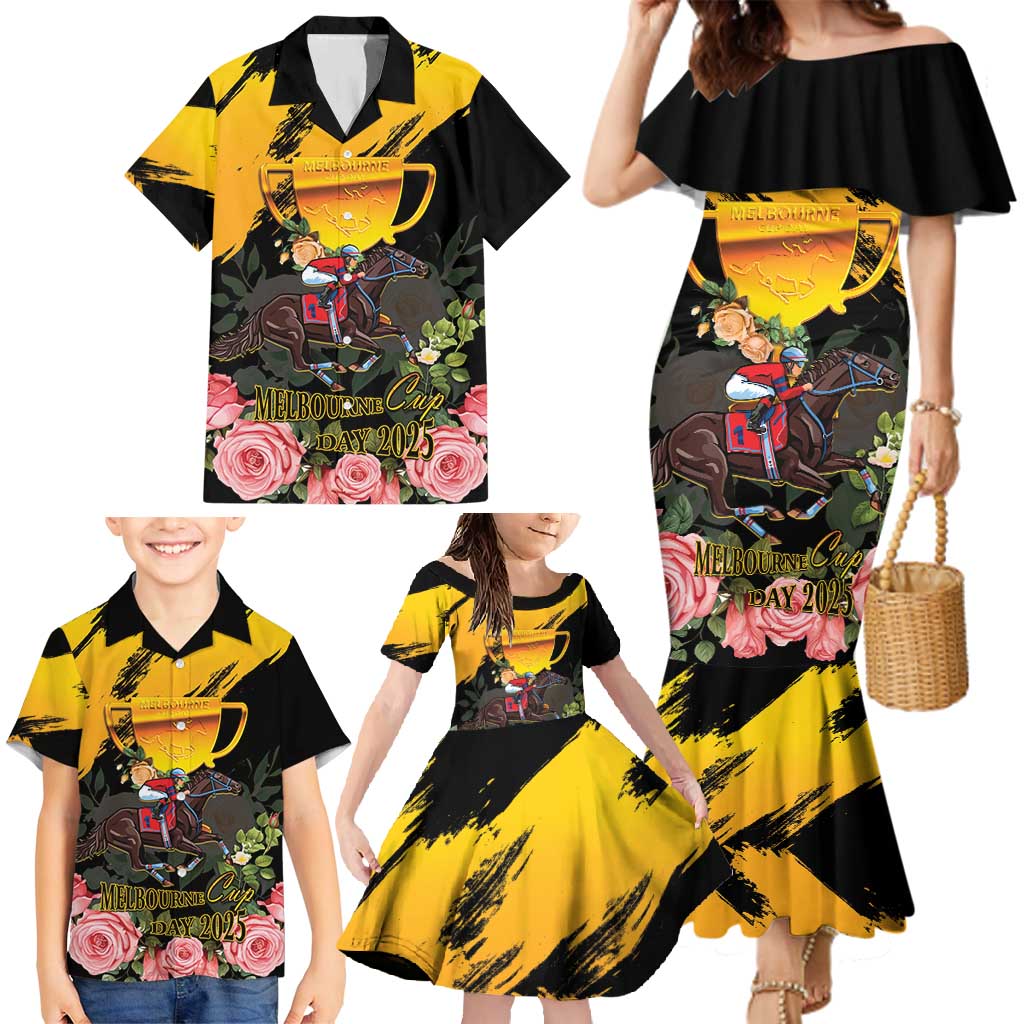 Personalised Australia Melbourne Cup Day Family Matching Mermaid Dress and Hawaiian Shirt Horse Racing Trophy With Roses LT14