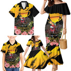 Personalised Australia Melbourne Cup Day Family Matching Mermaid Dress and Hawaiian Shirt Horse Racing Trophy With Roses LT14