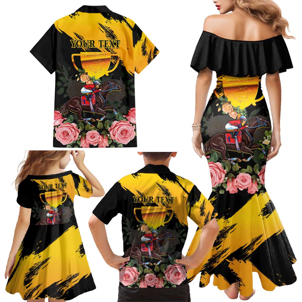 Personalised Australia Melbourne Cup Day Family Matching Mermaid Dress and Hawaiian Shirt Horse Racing Trophy With Roses LT14