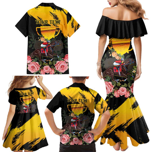 Personalised Australia Melbourne Cup Day Family Matching Mermaid Dress and Hawaiian Shirt Horse Racing Trophy With Roses LT14