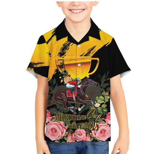 Personalised Australia Melbourne Cup Day Family Matching Mermaid Dress and Hawaiian Shirt Horse Racing Trophy With Roses LT14