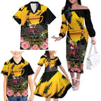 Personalised Australia Melbourne Cup Day Family Matching Off Shoulder Long Sleeve Dress and Hawaiian Shirt Horse Racing Trophy With Roses LT14