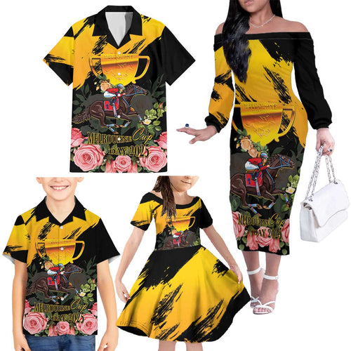 Personalised Australia Melbourne Cup Day Family Matching Off Shoulder Long Sleeve Dress and Hawaiian Shirt Horse Racing Trophy With Roses LT14