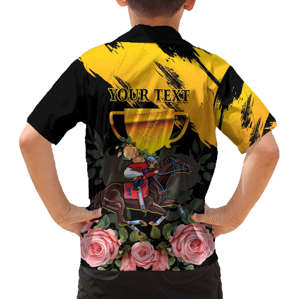 Personalised Australia Melbourne Cup Day Family Matching Off Shoulder Long Sleeve Dress and Hawaiian Shirt Horse Racing Trophy With Roses LT14