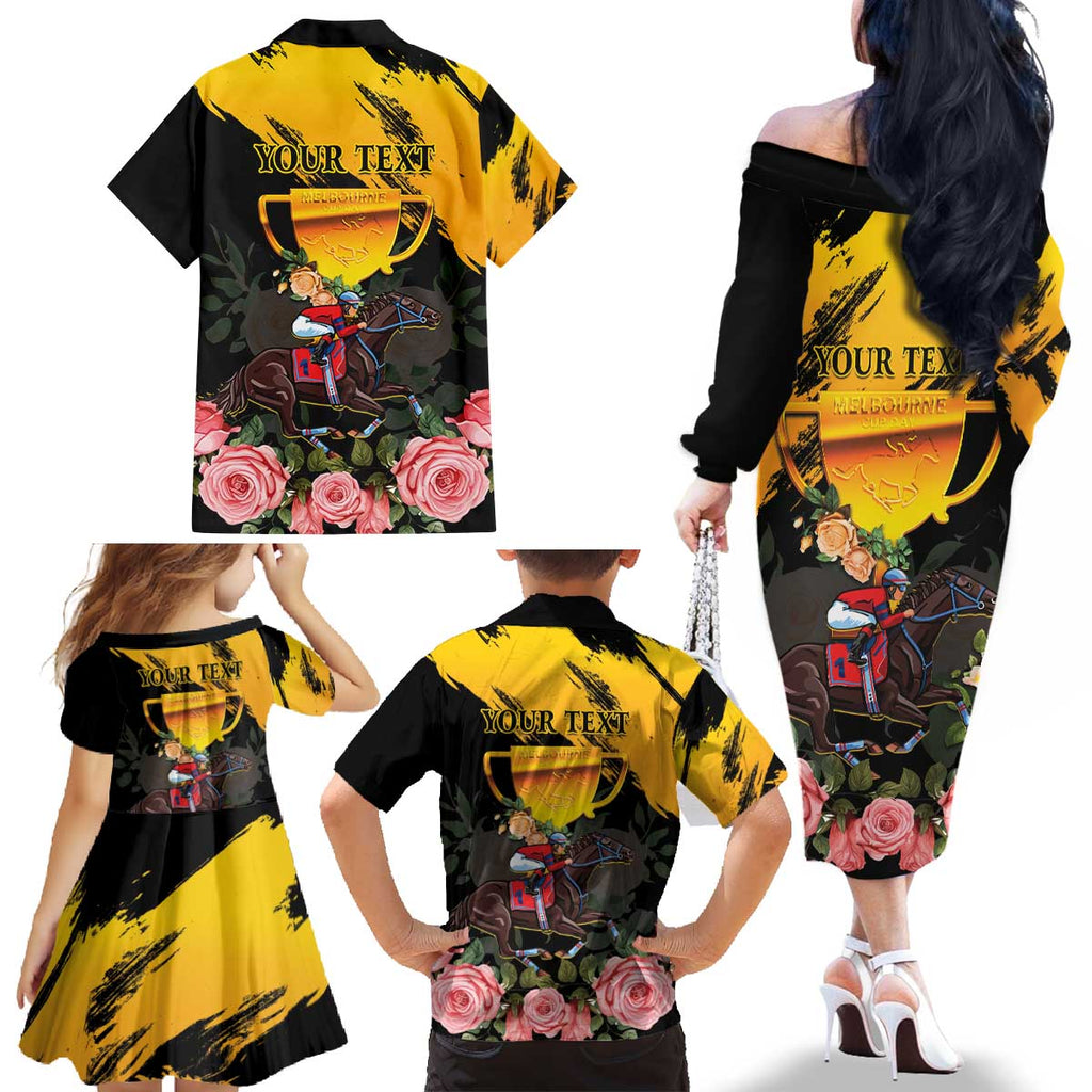 Personalised Australia Melbourne Cup Day Family Matching Off Shoulder Long Sleeve Dress and Hawaiian Shirt Horse Racing Trophy With Roses LT14