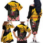 Personalised Australia Melbourne Cup Day Family Matching Off Shoulder Long Sleeve Dress and Hawaiian Shirt Horse Racing Trophy With Roses LT14