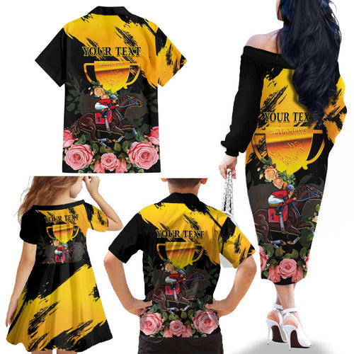 Personalised Australia Melbourne Cup Day Family Matching Off Shoulder Long Sleeve Dress and Hawaiian Shirt Horse Racing Trophy With Roses LT14