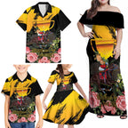 Personalised Australia Melbourne Cup Day Family Matching Off Shoulder Maxi Dress and Hawaiian Shirt Horse Racing Trophy With Roses LT14