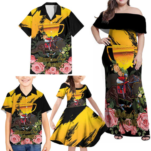 Personalised Australia Melbourne Cup Day Family Matching Off Shoulder Maxi Dress and Hawaiian Shirt Horse Racing Trophy With Roses LT14