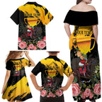 Personalised Australia Melbourne Cup Day Family Matching Off Shoulder Maxi Dress and Hawaiian Shirt Horse Racing Trophy With Roses LT14