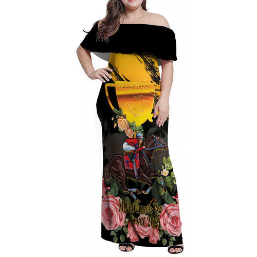 Personalised Australia Melbourne Cup Day Family Matching Off Shoulder Maxi Dress and Hawaiian Shirt Horse Racing Trophy With Roses LT14