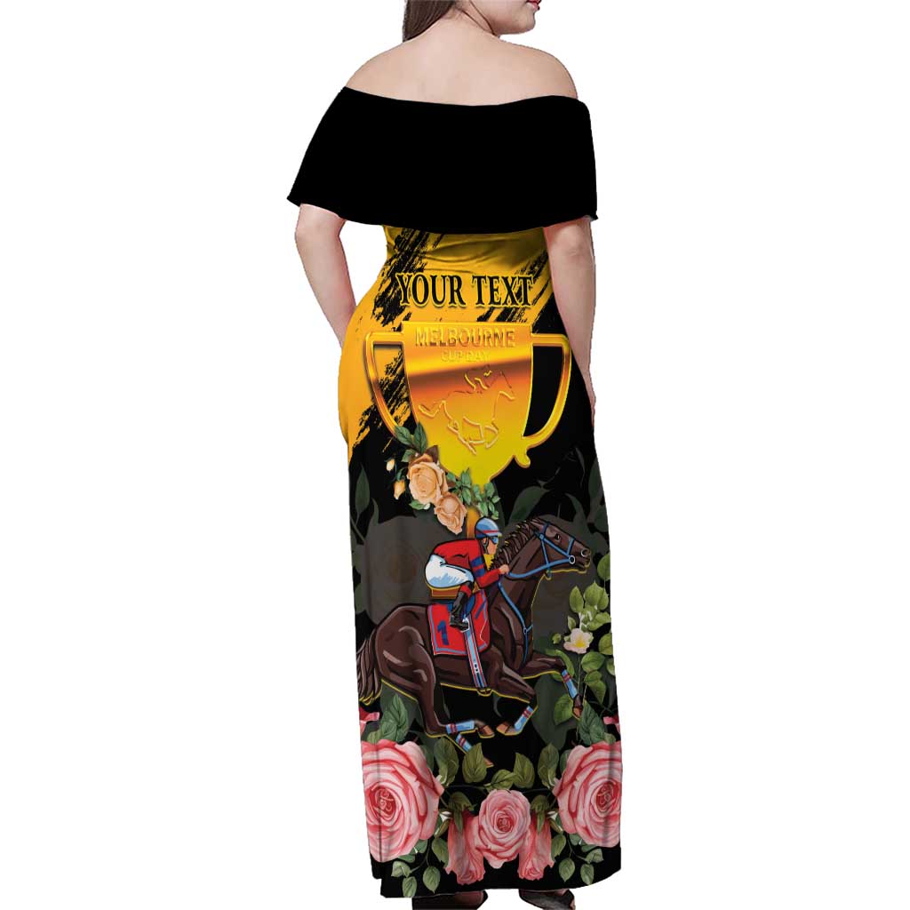 Personalised Australia Melbourne Cup Day Family Matching Off Shoulder Maxi Dress and Hawaiian Shirt Horse Racing Trophy With Roses LT14