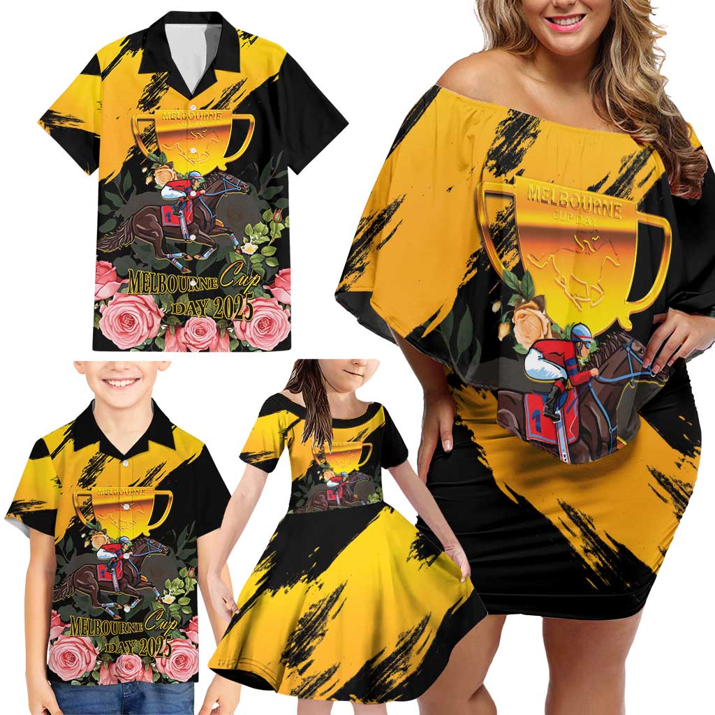 Personalised Australia Melbourne Cup Day Family Matching Off Shoulder Short Dress and Hawaiian Shirt Horse Racing Trophy With Roses LT14