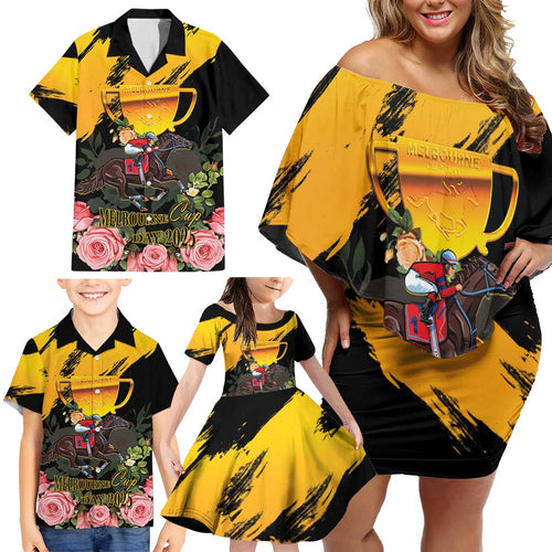 Personalised Australia Melbourne Cup Day Family Matching Off Shoulder Short Dress and Hawaiian Shirt Horse Racing Trophy With Roses LT14