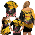 Personalised Australia Melbourne Cup Day Family Matching Off Shoulder Short Dress and Hawaiian Shirt Horse Racing Trophy With Roses LT14