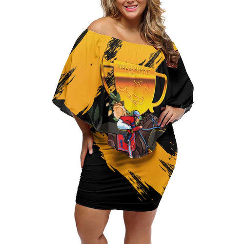 Personalised Australia Melbourne Cup Day Family Matching Off Shoulder Short Dress and Hawaiian Shirt Horse Racing Trophy With Roses LT14
