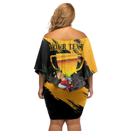 Personalised Australia Melbourne Cup Day Family Matching Off Shoulder Short Dress and Hawaiian Shirt Horse Racing Trophy With Roses LT14