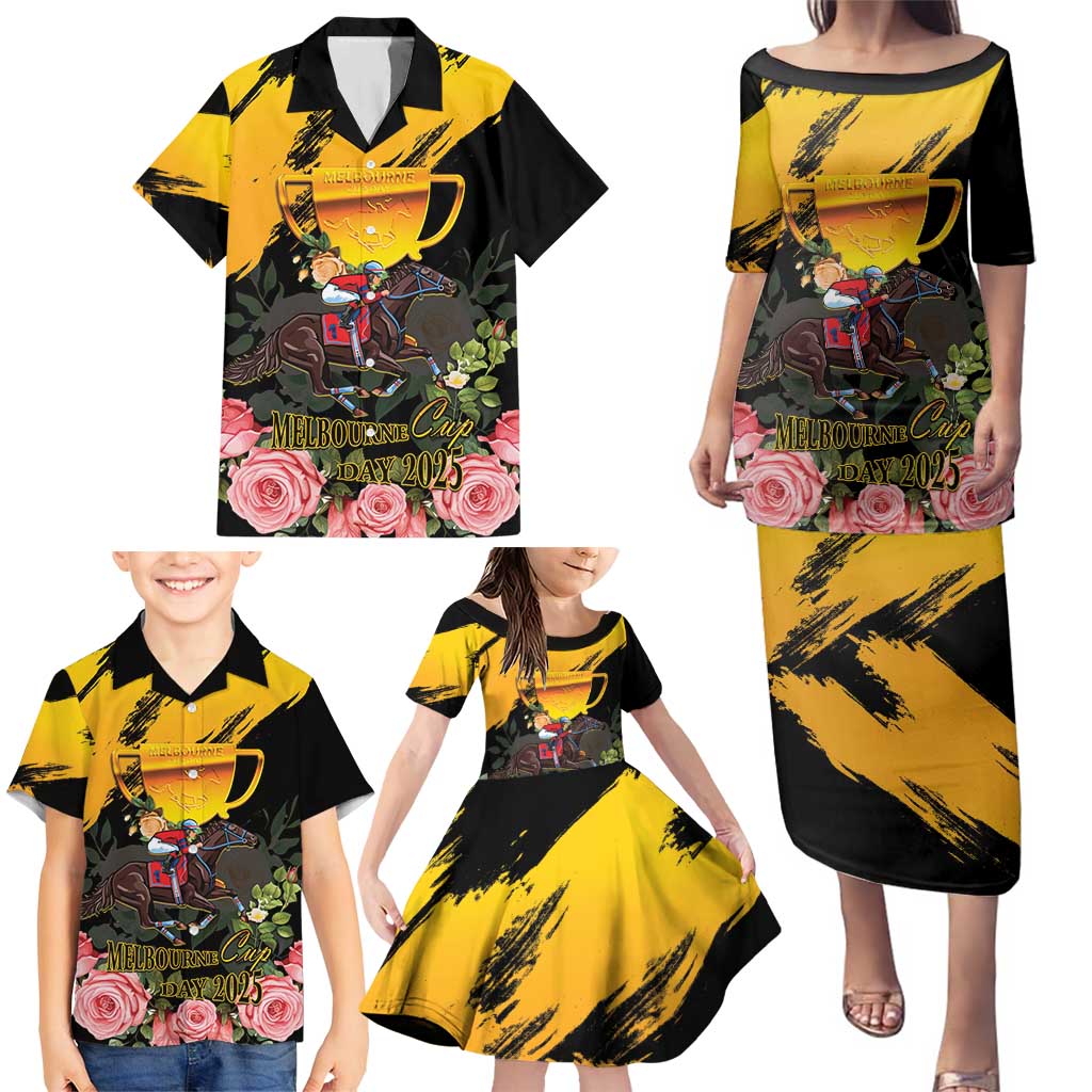 Personalised Australia Melbourne Cup Day Family Matching Puletasi Dress and Hawaiian Shirt Horse Racing Trophy With Roses LT14