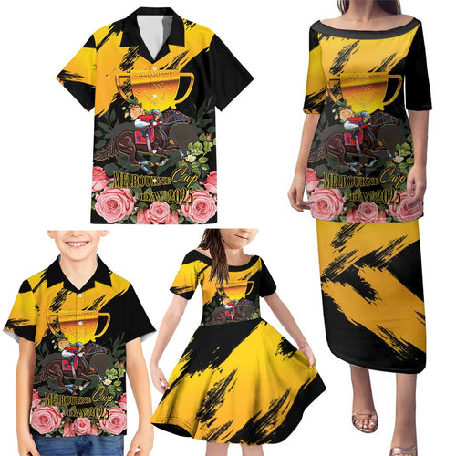Personalised Australia Melbourne Cup Day Family Matching Puletasi Dress and Hawaiian Shirt Horse Racing Trophy With Roses LT14