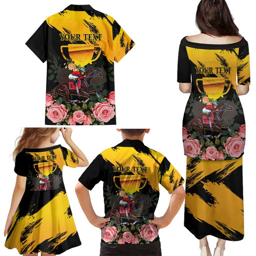 Personalised Australia Melbourne Cup Day Family Matching Puletasi Dress and Hawaiian Shirt Horse Racing Trophy With Roses LT14